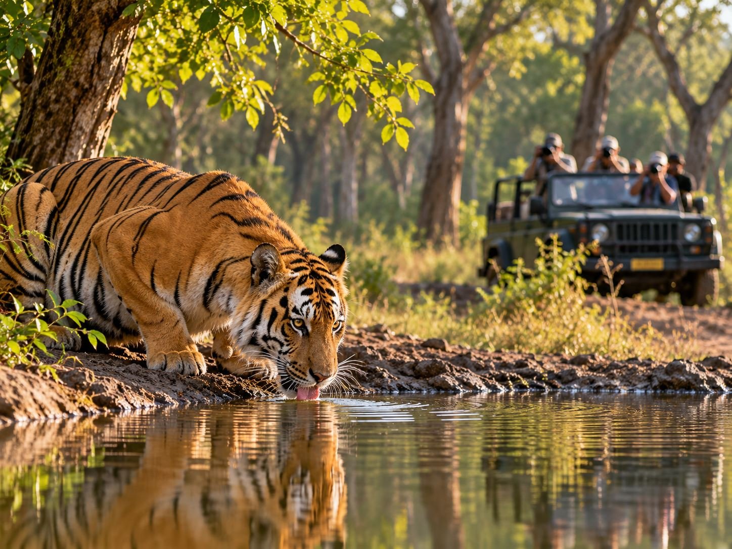 Tigers resting at a waterhole in an Indian forest reserve